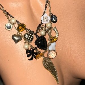 FLY with ME” Betsey Johnson feather wing necklace charm lucite flower heart bow